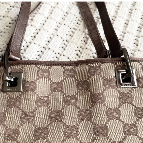 Vintage Gucci GG Signature Logo Brown Canvas Tote Silver Hardware - Picture 11 of 11